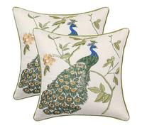 Holibeat Embroidered Peacock Throw Pillow Covers 18 * 18 inches Spring Decoration Pillowcases (Pack of 2) (White)