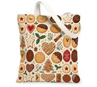 Holiday Biscuits - Borsa a secchiello in tela con motivo di biscotti | Dolcetti natalizi assortiti, biscotti a forma di cuore, tema cottura invernale, estetica stagionale della cucina