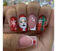 Holiday Special Middle Square Press On Nails Set 24 pezzi con Babbo Natale e punte francesi fiocco di neve modelli unghie arte per le donne