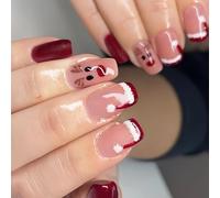 Holiday Square Christmas Reindeer Santa ' s Hat Sparkling Stick on False French Tip 24Pcs False
