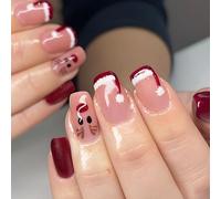 Holiday Square Christmas Reindeer Santa's Hat Sparkling Stick on False Nails French Tip 24Pcs False Nails