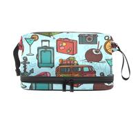 Holiday Travel Elements - Trousse per cosmetici a doppio strato, per donne e ragazze, trousse da viaggio per trucchi, pratica borsa organizer con scomparto per pennelli, Multi, 27x15x14