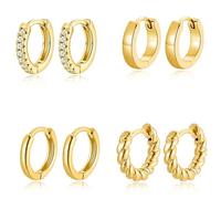 HolidayQbee Set di 4 paia di orecchini a cerchio in oro da donna, eleganti corda intrecciata e zirconia cubica, gioielli alla moda per l'uso quotidiano