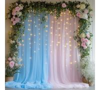 HOLITS Tenda in tulle con 300 luci LED per parites senza pieghe, tenda trasparente per foto, per matrimoni, baby shower, addio al nubilato, compleanno, decorazione per la casa, 3 m x 3 m, rosa blu