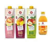 Hollinger Premium Bio Succhi di Frutta Biologici, Set 4 Bottiglie, Pesca, Mango, Mela Selvatica e Zenzero con Acerola, 3x1000ml + 1x330ml