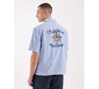 Hollister - Camicia a maniche corte in misto lino blu con grafica sul retro 2XL