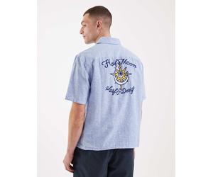 Hollister - Camicia a maniche corte in misto lino blu con grafica sul retro XL