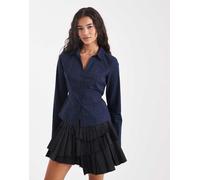Hollister - Camicia a maniche lunghe blu navy con polsini svasati e allacciatura in vita XL