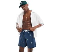 Hollister - Pantaloncini da bagno blu con stampa di pesci e motivo a righe a contrasto S
