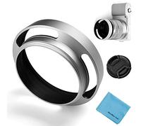 Hollow paraluce, Fotover universale Hollow ventilato inclinato curvo paraluce in metallo con centro Pinch copriobiettivo per Leica Canon Nikon Sony Pentax Olympus Fuji fotocamera + panno di pulizia in microfibra, colore: Argento