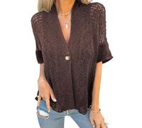 Hollow V-Neck Single Button Loose Short Sleeves, Lightweight Open Front Shrug Blouse, Lace Cardigan for Women (Dark Brown,M)