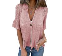 Hollow V-Neck Single Button Loose Short Sleeves, Lightweight Open Front Shrug Blouse, Lace Cardigan for Women (Pink,M)