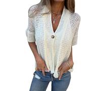 Hollow V-Neck Single Button Loose Short Sleeves, Lightweight Open Front Shrug Blouse, Lace Cardigan for Women (White,XXL)