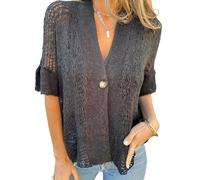 Hollow V-Neck Single Button Loose Short Sleeves, Lightweight Open Front Shrug Blouse, Lace Cardigan for Women (Black,L)