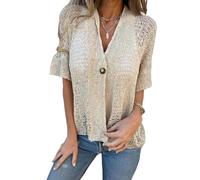 Hollow V-Neck Single Button Loose Short Sleeves, Lightweight Open Front Shrug Blouse, Lace Cardigan for Women (Apricot,XXL)
