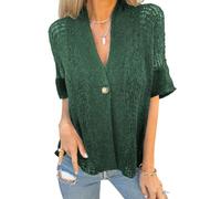 Hollow V-Neck Single Button Loose Short Sleeves, Lightweight Open Front Shrug Blouse, Lace Cardigan for Women (Green,3XL)