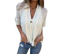 Hollow V-Neck Single Button Loose Short Sleeves Women’s Crochet Cardigan Summer Hollow Out Lightweight Open Front Knit Sweater