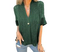 Hollow V-Neck Single Button Loose Short Sleeves Women’s Crochet Cardigan Summer Hollow Out Lightweight Open Front Knit Sweater