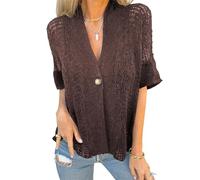 Hollow V-Neck Single Button Loose Short Sleeves Women’s Crochet Cardigan Summer Hollow Out Lightweight Open Front Knit Sweater
