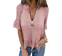 Hollow V-Neck Single Button Loose Short Sleeves Women’s Crochet Cardigan Summer Hollow Out Lightweight Open Front Knit Sweater