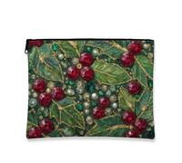 Holly Berry - Trousse per cosmetici, con motivo natalizio, verde e rosso, per donne, portatile, piccola con cerniera, borsa da toilette da viaggio natalizia, Verde, 7x9 Inch, Agrifoglio