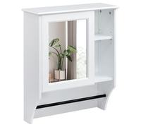 HollyHOME Mobiletto per il bagno con specchio a una anta e ripiano regolabile, mobiletto per medicinali a parete, mobiletto portaoggetti in legno con barra portasciugamani, bianco (50x19,5x61,5 cm)