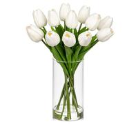 Hollyone 12 tulipani finti bianchi, tulipani artificiali in vaso di vetro con acqua finta, 19,1 cm, fiori di tulipano veri al tatto, decorazione per centrotavola, casa, fattoria, resto, decorazione