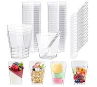 Holtrae 40 Pezzi 160 ml/5oz tazze bicchieri da dessert,Con Cucchiai - Bicchierini in Plastica Riutilizzabili,Contenitori Quadrati Trasparenti Perfetti,Per budini,Mousse,Macedonia,Compleanni, Matrimoni