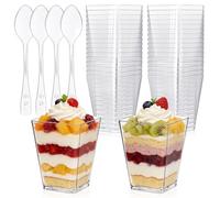 Holtrae 50 Pezzi 160 ml/5oz tazze bicchieri da dessert, Con Cucchiai Bicchierini in Plastica Riutilizzabili, Contenitori Quadrati Trasparenti Perfetti, per Gelati,Macedonia,Mousse,Matrimoni,Compleanni