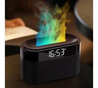 Holwim Diffusore di aromi con fiamme e orologio digitale, effetto luce a 7 colori, diffusore di oli profumati, 150ml, umidificatore con telecomando, funzione orologio, timer, spegnimento automatico
