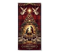 Holy Night - Copri porta con scena religiosa, 91 x 183 cm | Illustrazione di scena religiosa, segno della porta d'ingresso, sfondo rosso scozzese, angeli e pecore