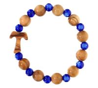 Holyart Bracciali elastici e bracciali a molla: Bracciale elastico decina tau legno Assisi perline blu grani 1 cm