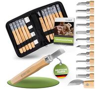 HOLZHELD Set di utensili per intagliare il legno (14 pezzi) con istruzioni per 1 progetto di intaglio, 12 coltelli da intaglio in acciaio al carbonio SKS9 con pratica borsa degli attrezzi