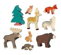 Holztiger 6617 Set di 9 personaggi in legno, orso bruno, alce, volpe, lepri, lupo, capriolo, procione, uhu e conifere, giocattoli dipinti a mano per bambini, Made in Europe