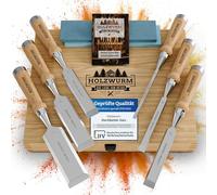 HOLZWURM Set di scalpelli per legno professionali, set di 6 scalpelli con pietra per affilare, istruzioni (EN) per l'affilatura e custodia in legno