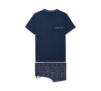 Hom Pyjama Court Broceliande Set Pajama, Top: Tinta Unita Blu Navy, Pantaloni: Piccolo Motivo Floreale su Sfondo Blu Navy, L Uomo