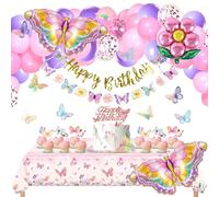 Homarkable Decorazioni per Feste a Tema Farfalla - Inclusi Striscione "Buon Compleanno", Adesivi 3D, Tovaglia e Palloncini a Forma di Farfalla Rosa