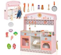 HOMASIS 2 in 1 Cucina per Bambini con Tavolo & Sedie Pieghevoli, Cucina Giocattolo Doppio Lato con 14 Accessori, Cucinetta Giocattolo con Lavandino e Forno per Bambini dai 3+ Anni, Rosa