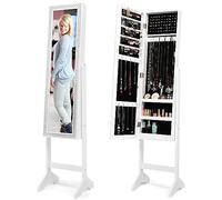 HOMASIS 2 in 1 Portagioie con Specchio a Figura Intera da Terra, Armadietto con Bordo a Diamante, Contenitore con Maniglia a Scomparsa, 35,5 x 33 x 153 cm (Bianco)