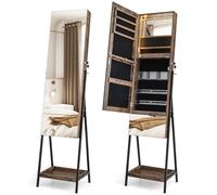 HOMASIS 2 in 1 Specchio Portagioie da Terra con Luci Led Regolabile, Specchiera Portagioie con Serratura e Cassetto, Armadio Portagioie con Specchio a Figura Intera (Marrone)