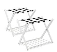 HOMASIS 2 Portavaligie Pieghevole, 2 Sgabelli Reggivaligia in Metallo, Supporto per Valigie e Borsoni con Mensola, Portascarpe, Porta Valigie da Camera Hotel, 68 x 43 x 56 (2 Bianco)