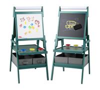 HOMASIS 3 in 1 Cavalletto per Dipingere Bambini in Legno con Spazio di Archiviazione, Cavalletto Artistico con Lavagna Bianca, Lavagna a Gesso e Rotolo di Carta, per Bambini dai 3+ Anni (Verde)