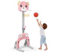 HOMASIS 3 in 1 Cestino Basket Bambino Interno, Giochi Esterno Bambino con Gioco Dell'Anello, Pallacanestro e Calcio, Set da Basket Portatile e Regolabile con Punteggio per 2-5 Anni (Rosa)