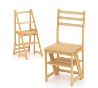 HOMASIS 3 in 1 Sedia a Scala Pieghevole in Bambù Convertibile in Sgabello con Blocchi di Sicurezza, Scaletta 3 Gradini per Piante per Soggiorno, Biblioteca, Cucina, Ufficio, Capacità di 150 kg