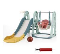 HOMASIS 4 in 1 Set di Scivolo per Bambini, Parco Giochi con Scale, Altalena Regolabile, Cestino da Basket, Pallone da Basket Gonfiabile per Bambini di 18+ Mesi (Verde + Giallo)
