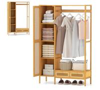 HOMASIS 4 in 1 Stand Appendiabiti da Terra con Rella, Ripiano e 2 Cassetti, Porta Abiti in Bambù, Guardaroba con Attaccapanni per Ingresso, Soggiorno, Camera da Letto, 102 x 33 x 160 cm, Naturale