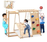 HOMASIS 6 in 1 Arrampicata per Bambini, Palestra con Scivolo Doppia Faccia, Rete, Scala, Canestro da Basket, Parete da Arrampicata e Barre da Scimmia, per Bambini da 3+ Anni (Naturale)