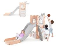HOMASIS 6 in 1 Scivolo per Bambini da Esterno, Parco Giochi con Canestro, Arrampicata e Telescopio, Struttura Triangolare Stabile, Scivolo da Giardino per Bambini da 1+ Anni (Rosa e Grigio)