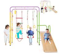 HOMASIS 8 in 1 Parco Giochi con Scivolo, Altalena, Parete per l'Arrampicata, Stanghe per Scimmie, Scala, Corda, Anelli da Ginnastica e Arrampicatore, Palestra in Metallo per Bambini dai 3+ Anni