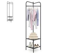 HOMASIS Appendiabiti Angolare in Metallo, Porta Abiti 3 in 1 con Bastone, Scaffale Porta Scarpe e Ripiani, Guardaroba da Terra ad Angolo per Ingresso, Soggiorno, Camera da Letto (Nero)